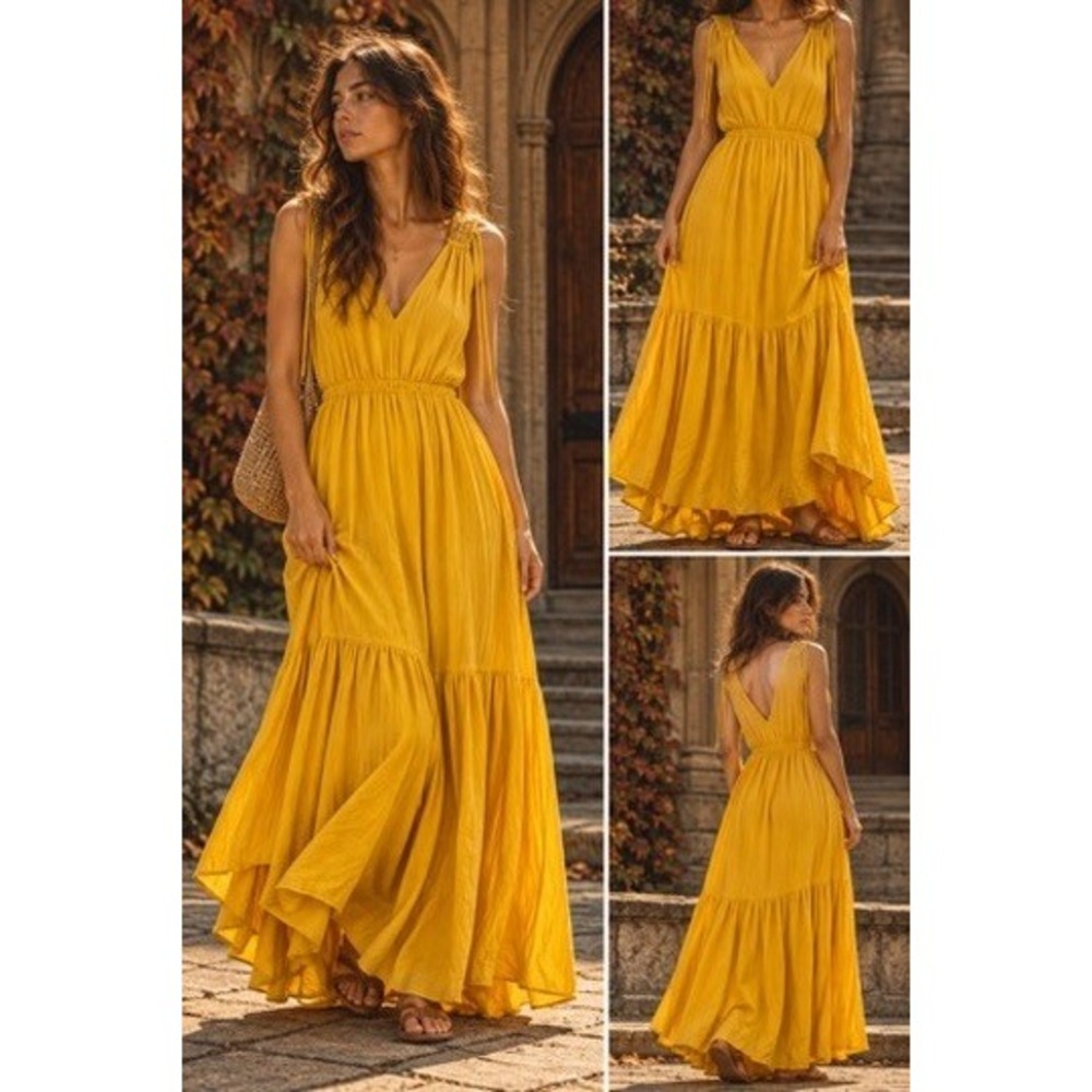 Banana Republic Mustard Yellow Tiered Maxi Dress Sleeveless V-Neck Size 12 Boho